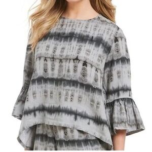 Bryn Walker Fran  Ruffled Blouse Large Gray Tie Dye Boho Lagenlook
